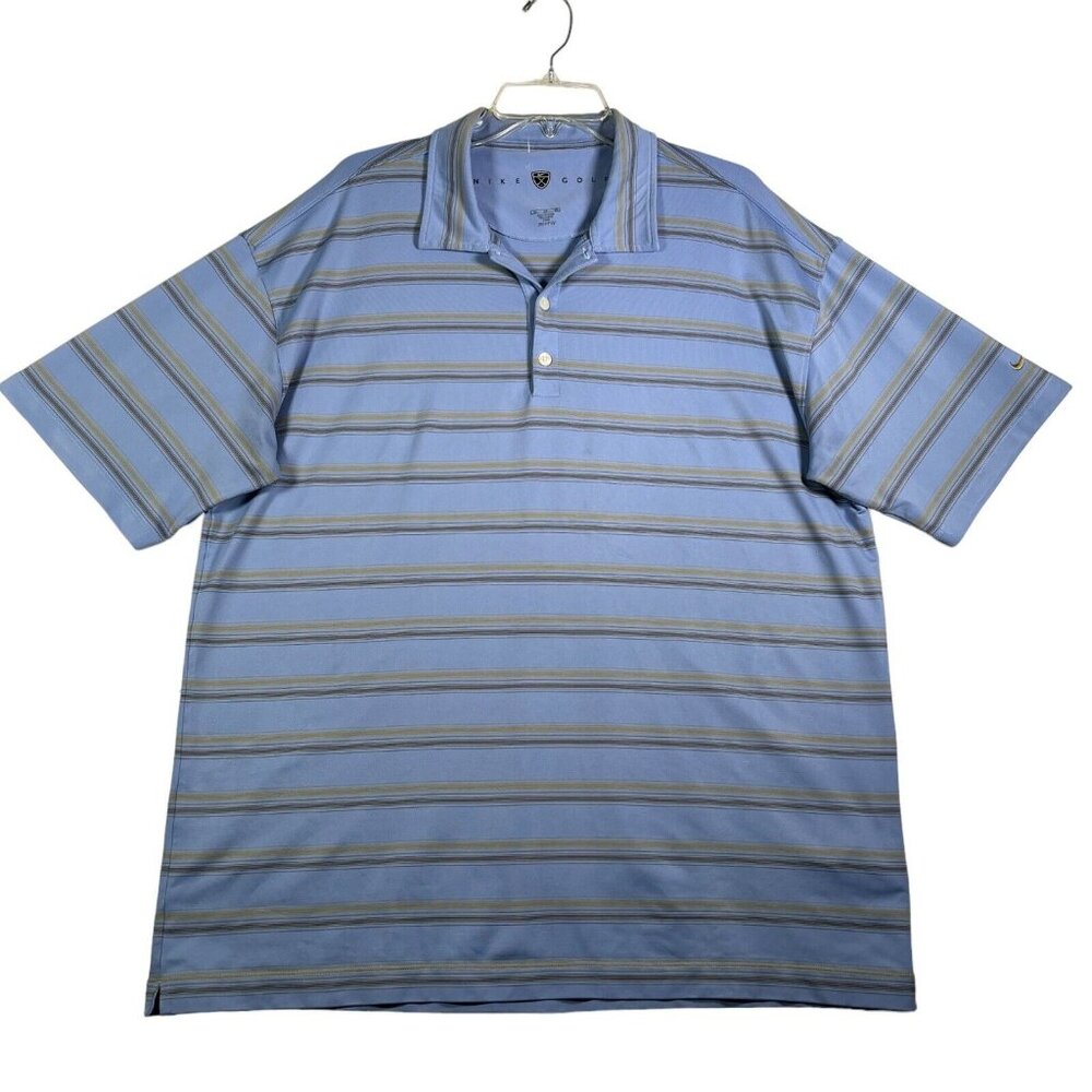Nike Golf Polo Shirt Mens XL Blue Gray‎ Striped Swoosh Dri-Fit Short Sleeve Logo